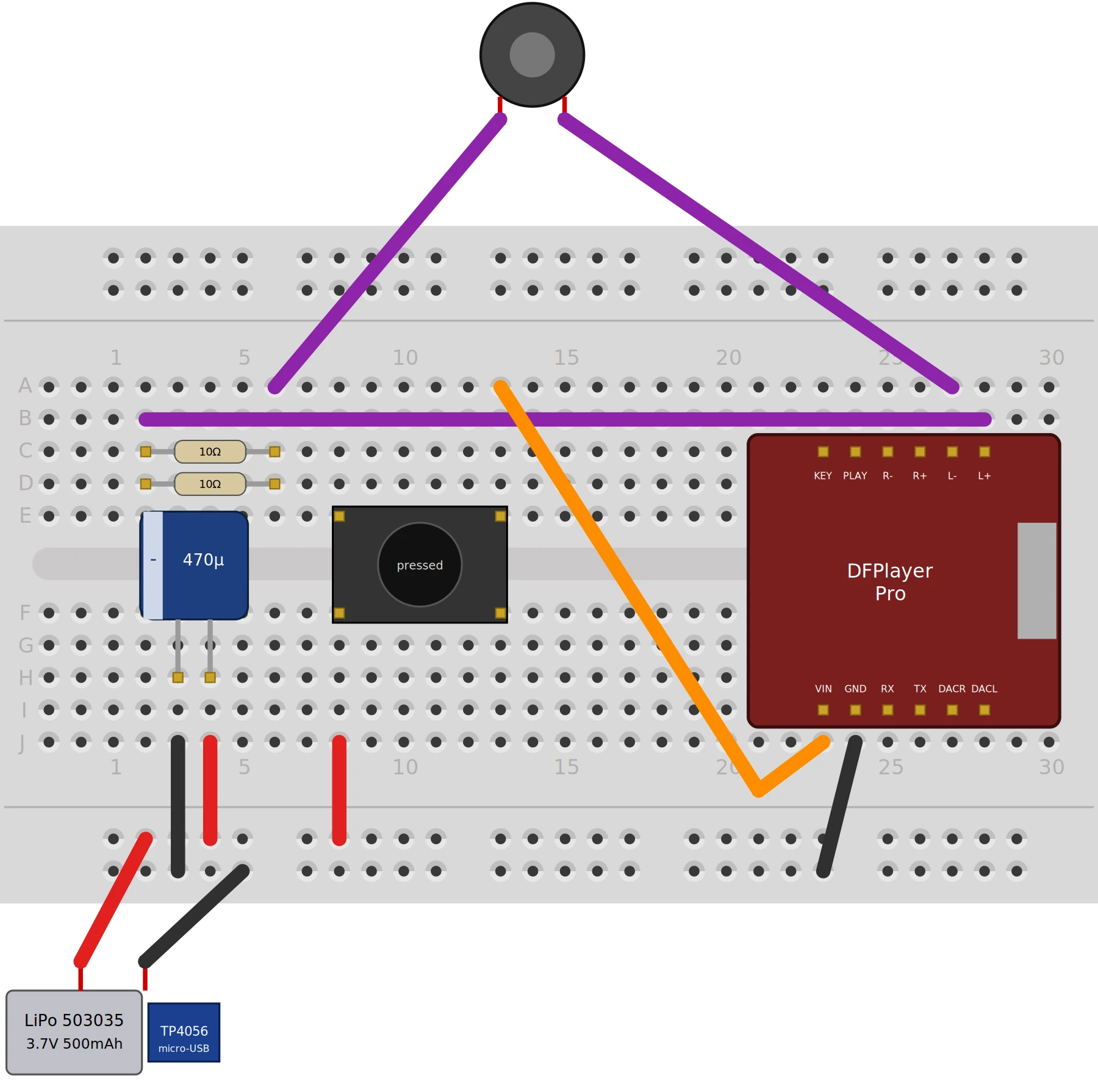 Breadboard view of the v7 circuit: DFPlayer Pro, 470 microfarad capacitor, two 10 ohm resistors, push button, LiPo cell, TP4056 charger and speaker