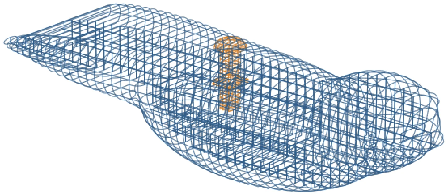 Wireframe of the assembled bird with the orange button on its back