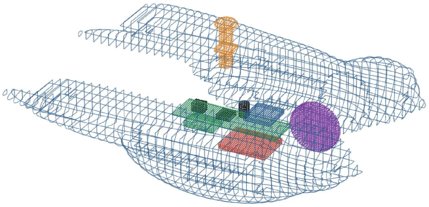 Exploded wireframe: left half, board and parts, right half and button